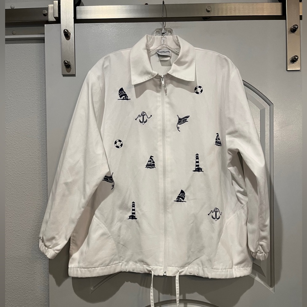 Vintage BonWorth white and blue embroidered nautical lightweight jacket. GUC!